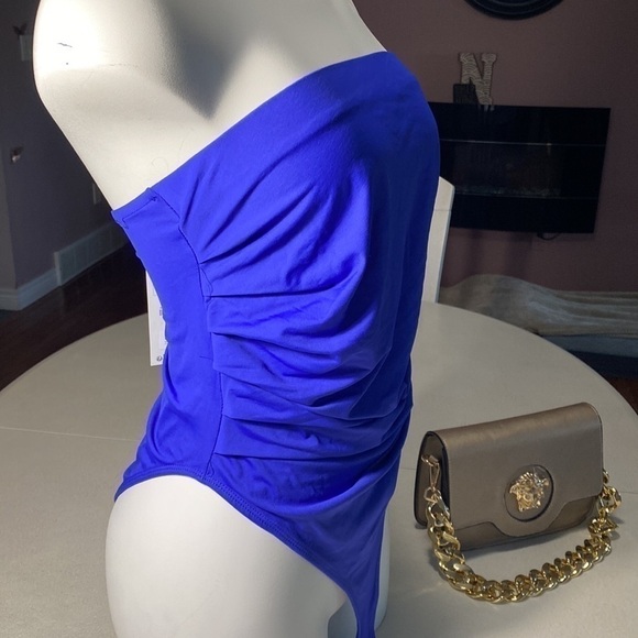 ZARA RUCHED DRAPED PED STRAPLESS BODYSUIT ELECTRIC BLUE SZ L - Picture 4 of 12